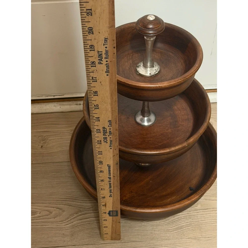 Pottery Barn 3 Tier Wooden Serving Stand Dark Wood Silver Metal Hardware Tray